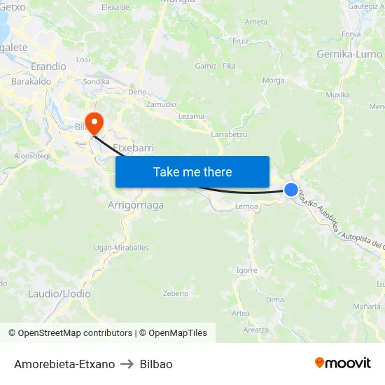 Amorebieta-Etxano to Bilbao map