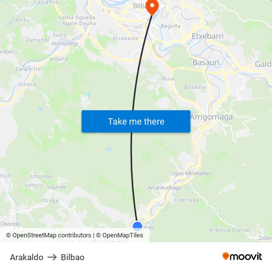 Arakaldo to Bilbao map