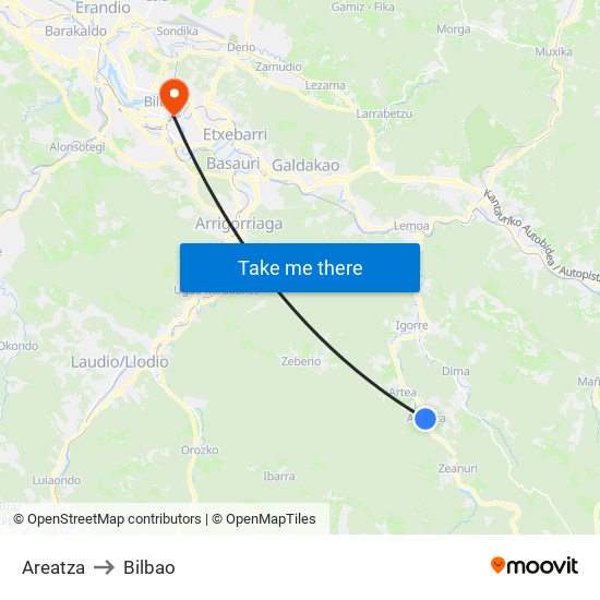 Areatza to Bilbao map