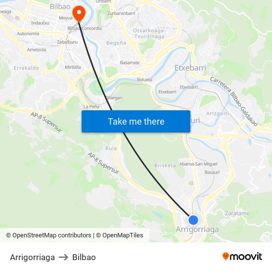 Arrigorriaga to Bilbao map