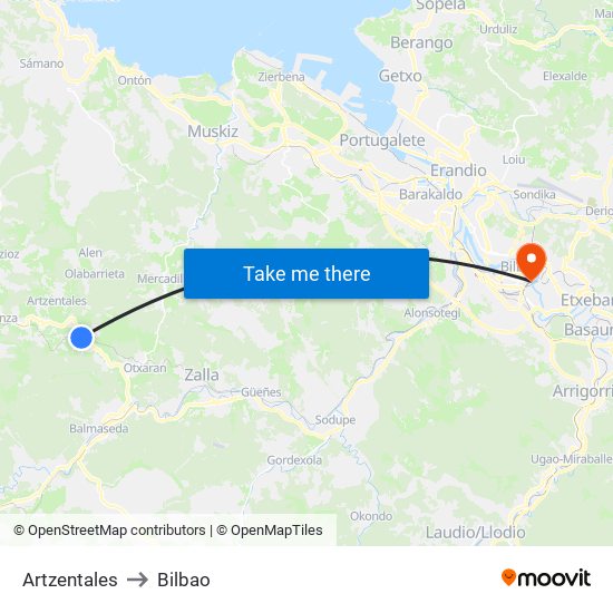 Artzentales to Bilbao map