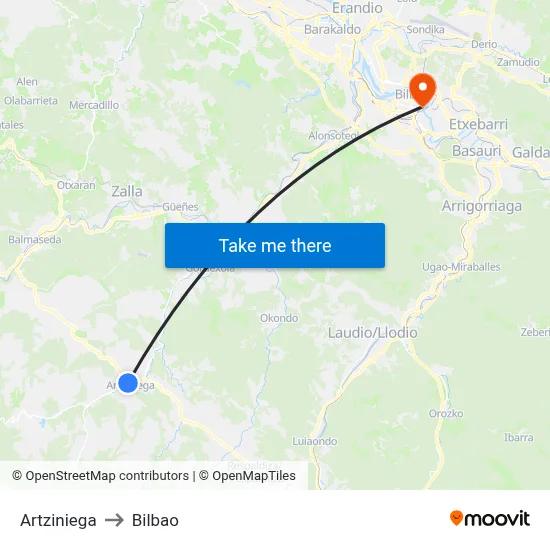 Artziniega to Bilbao map