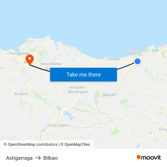Astigarraga to Bilbao map