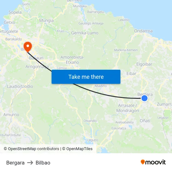 Bergara to Bilbao map