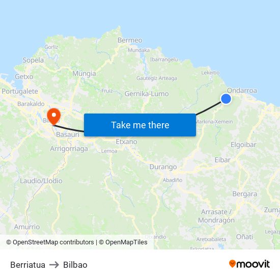 Berriatua to Bilbao map