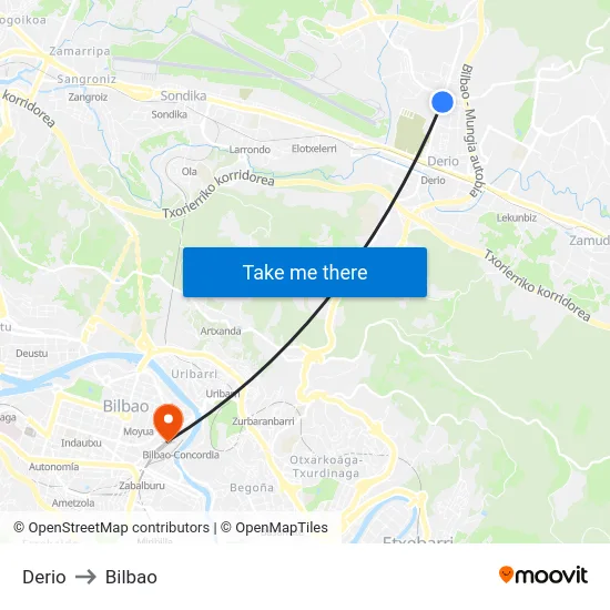 Derio to Bilbao map