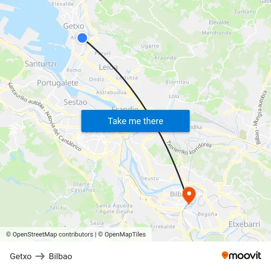 Getxo to Bilbao map