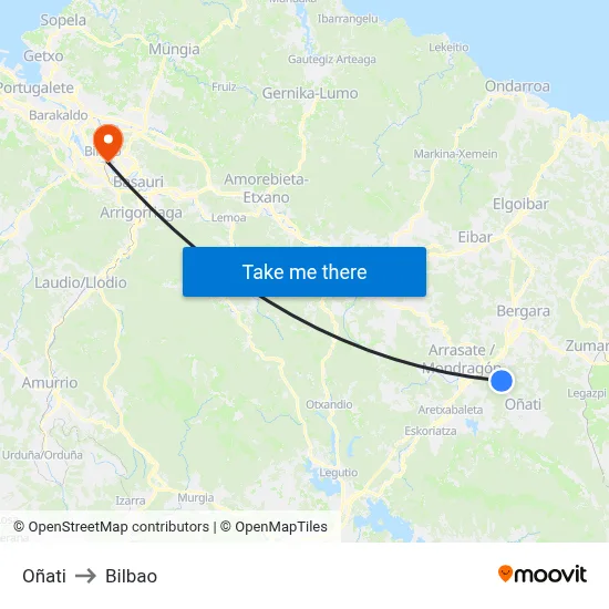 Oñati to Bilbao map
