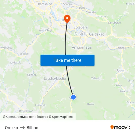 Orozko to Bilbao map