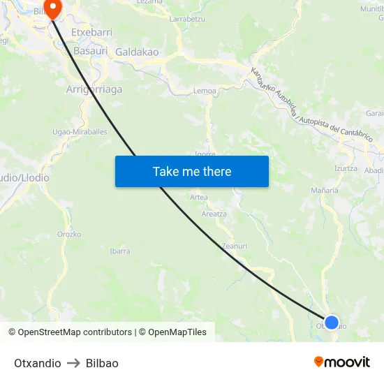 Otxandio to Bilbao map