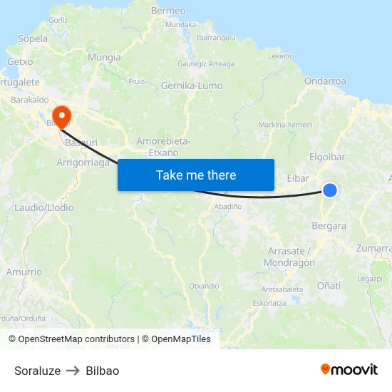 Soraluze to Bilbao map