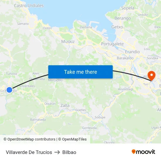 Villaverde De Trucíos to Bilbao map