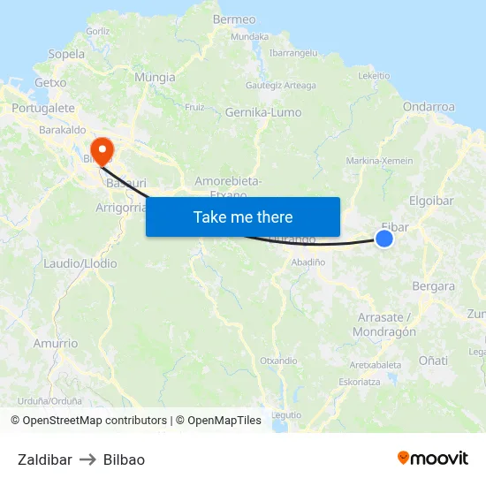 Zaldibar to Bilbao map