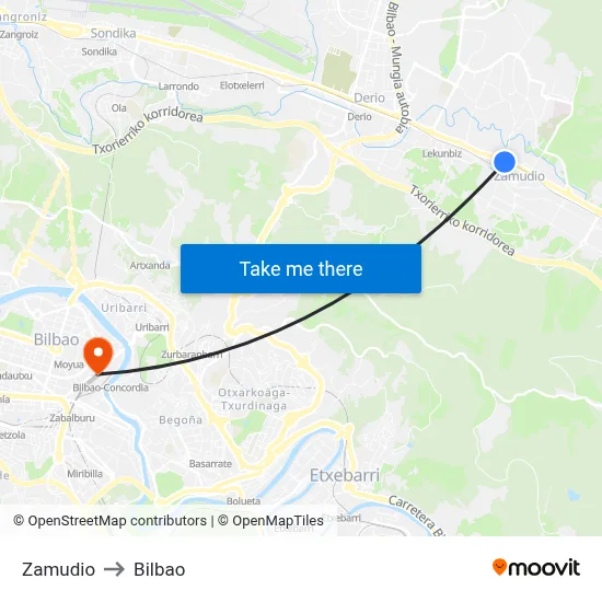 Zamudio to Bilbao map