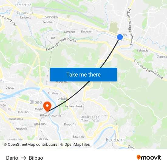 Derio to Bilbao map