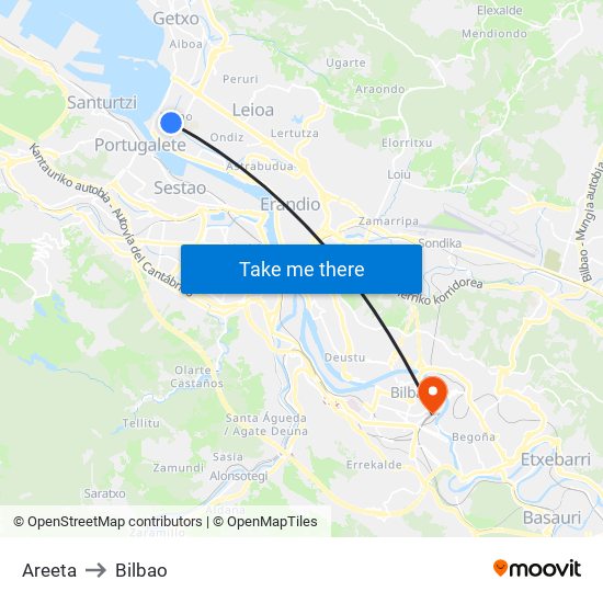 Areeta to Bilbao map