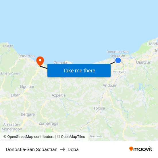 Donostia-San Sebastián to Deba map