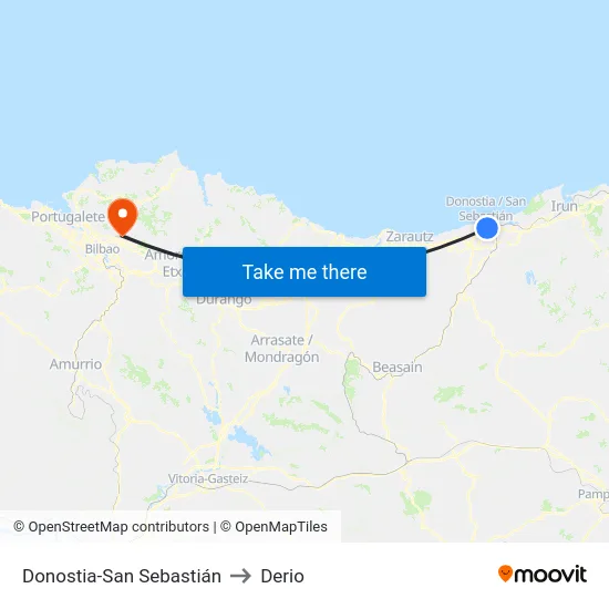 Donostia-San Sebastián to Derio map