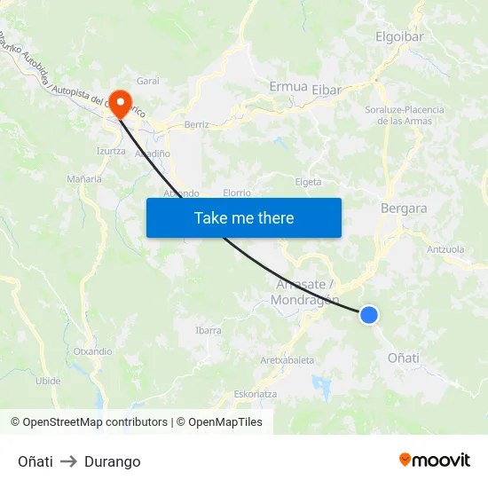 Oñati to Durango map