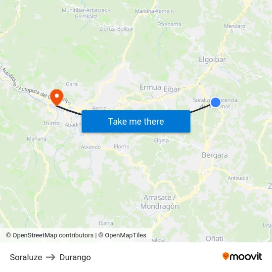 Soraluze to Durango map