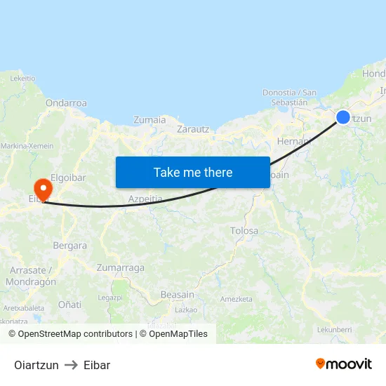 Oiartzun to Eibar map