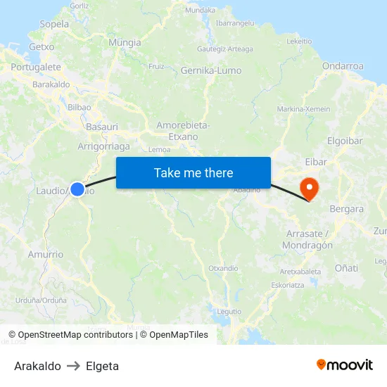 Arakaldo to Elgeta map