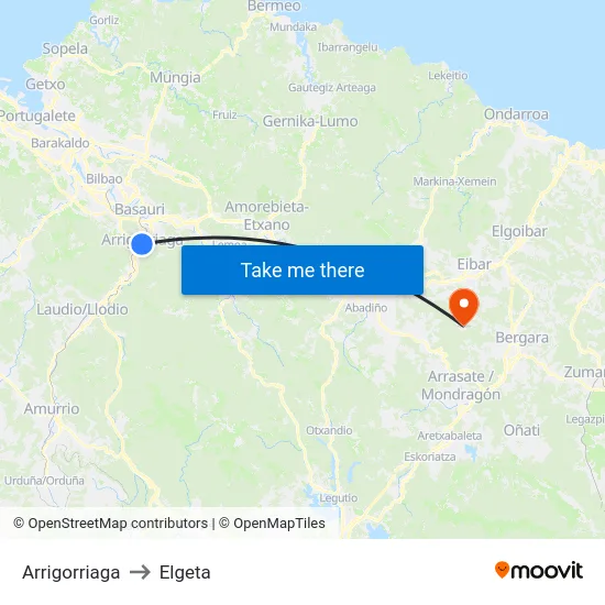 Arrigorriaga to Elgeta map