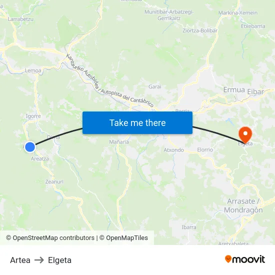 Artea to Elgeta map