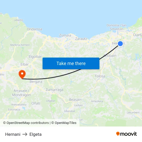 Hernani to Elgeta map