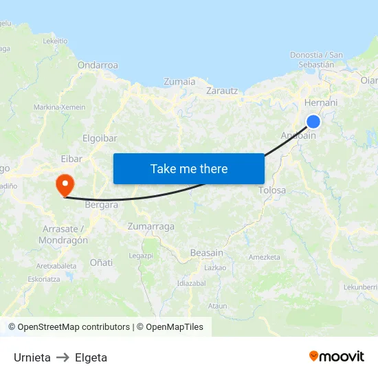 Urnieta to Elgeta map