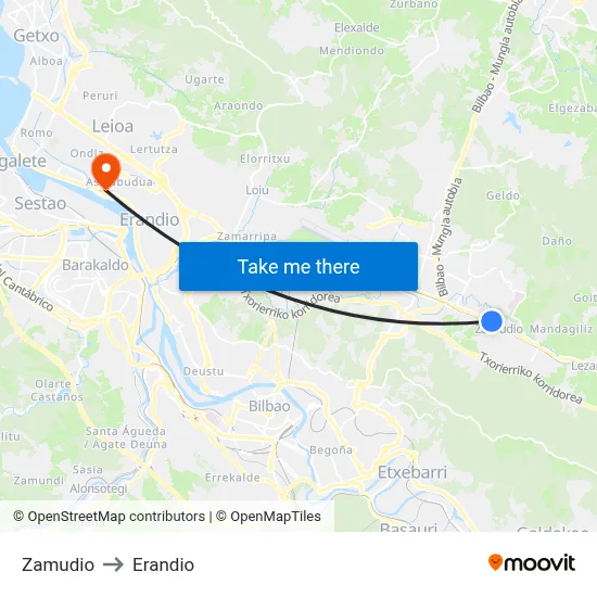 Zamudio to Erandio map