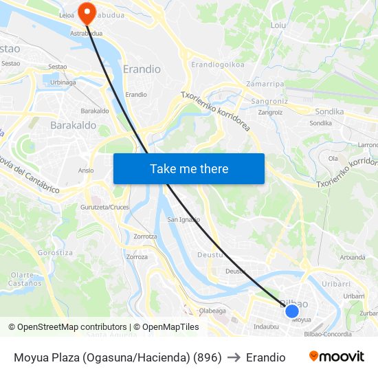 Moyua Plaza (Ogasuna/Hacienda) (896) to Erandio map