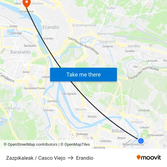 Zazpikaleak / Casco Viejo to Erandio map