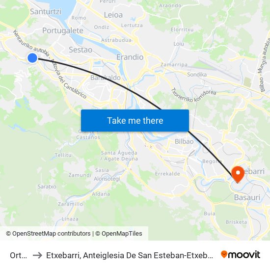Ortuella to Etxebarri, Anteiglesia De San Esteban-Etxebarri Doneztebeko Elizatea map