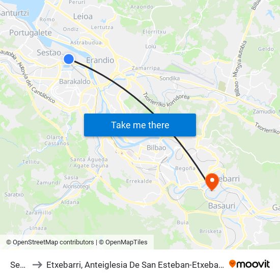 Sestao to Etxebarri, Anteiglesia De San Esteban-Etxebarri Doneztebeko Elizatea map