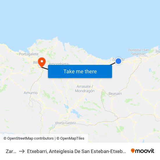 Zarautz to Etxebarri, Anteiglesia De San Esteban-Etxebarri Doneztebeko Elizatea map