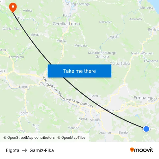 Elgeta to Gamiz-Fika map