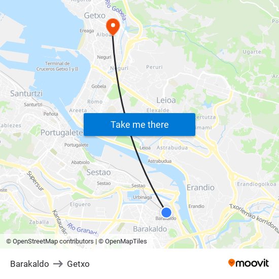 Barakaldo to Getxo map