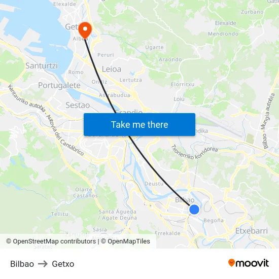 Bilbao to Getxo map