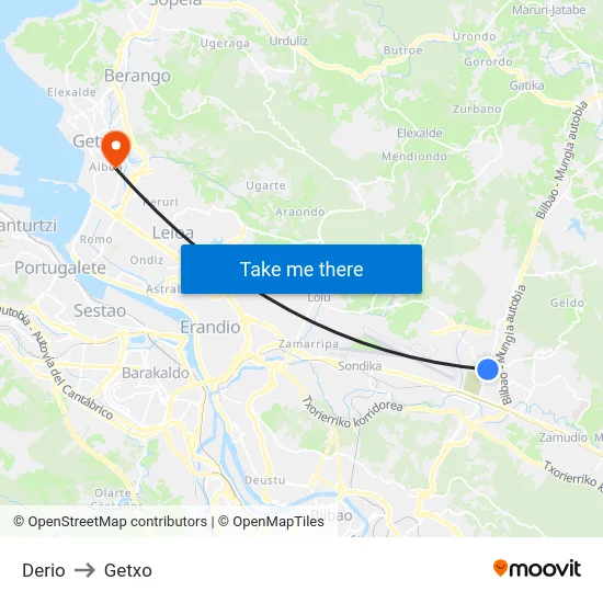 Derio to Getxo map