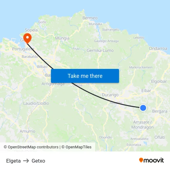 Elgeta to Getxo map