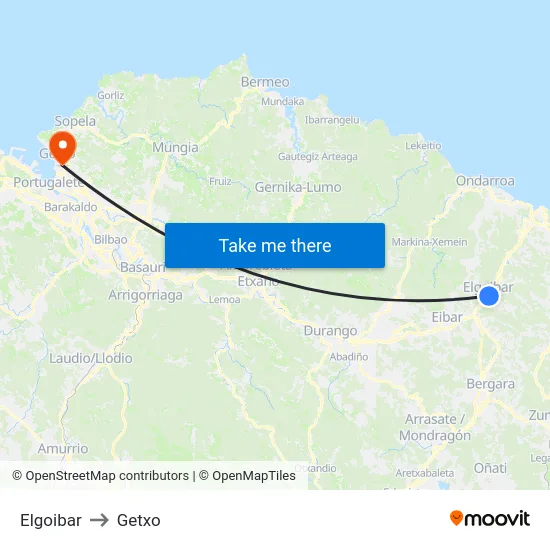 Elgoibar to Getxo map