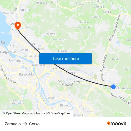 Zamudio to Getxo map
