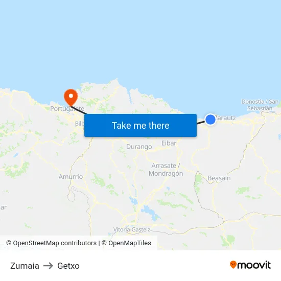 Zumaia to Getxo map