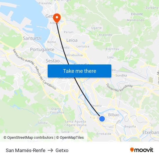 San Mamés-Renfe to Getxo map