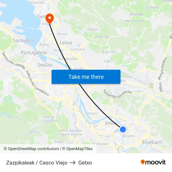 Zazpikaleak / Casco Viejo to Getxo map