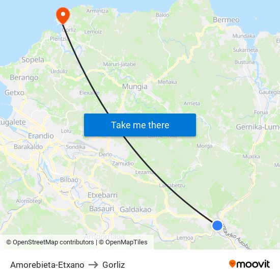 Amorebieta-Etxano to Gorliz map