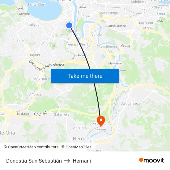 Donostia-San Sebastián to Hernani map