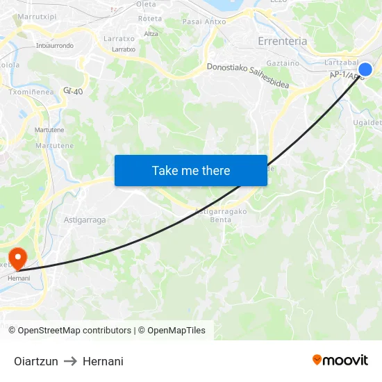 Oiartzun to Hernani map
