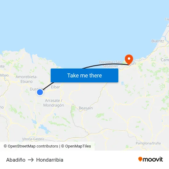 Abadiño to Hondarribia map